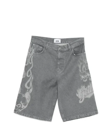 Gray Printed Denim Shorts